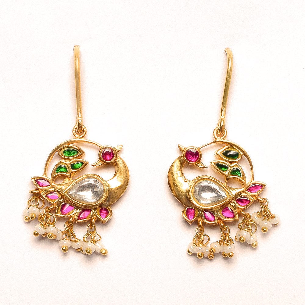 Swan Motif Kundan Dangling Earrings In 92.5 Silver