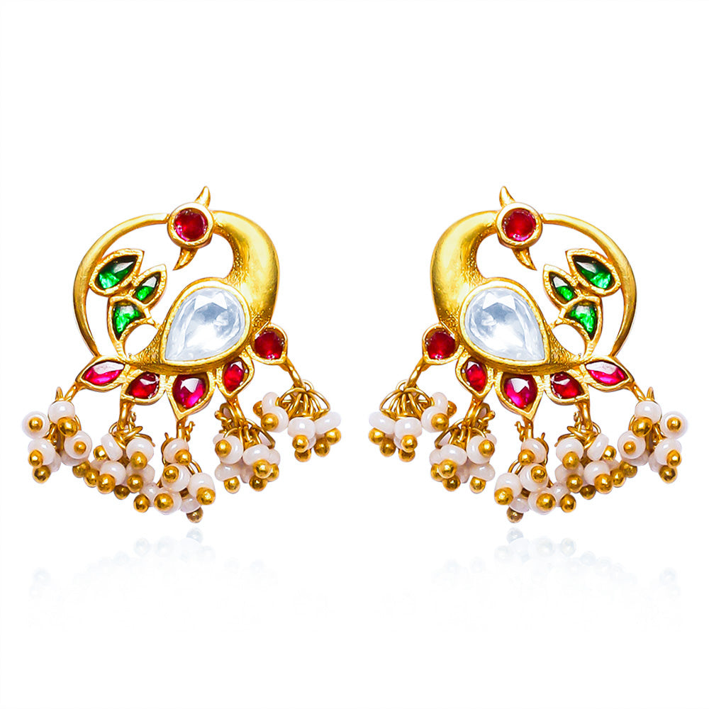 92.5 Silver Swan Motif Kundan Stud Earrings