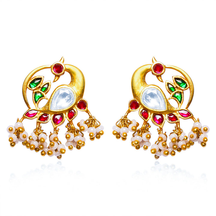 92.5 Silver Swan Motif Kundan Stud Earrings