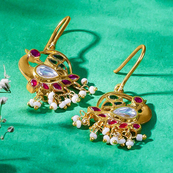 Swan Motif Kundan Dangling Earrings In 92.5 Sterling Silver