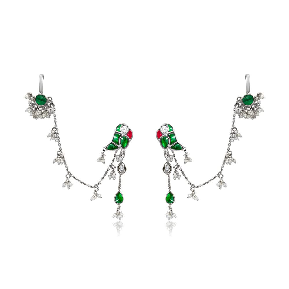 Mithu Dual Charm Silver Chain Earrings