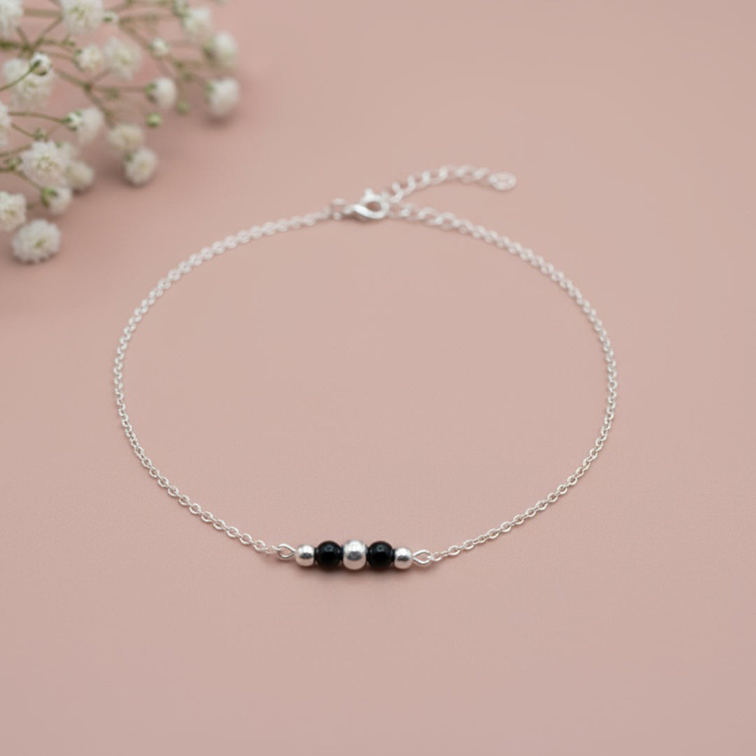Minimal Silver Anklet with Black Beads