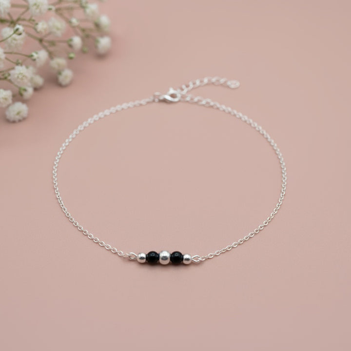 Minimal Silver Anklet with Black Beads