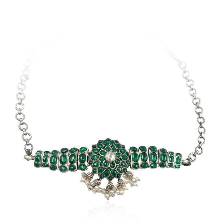 Emerald Floral Silver Choker Necklace