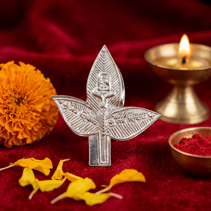 925 Sterling Silver Sacred Bel Patra with Shivling Idol
