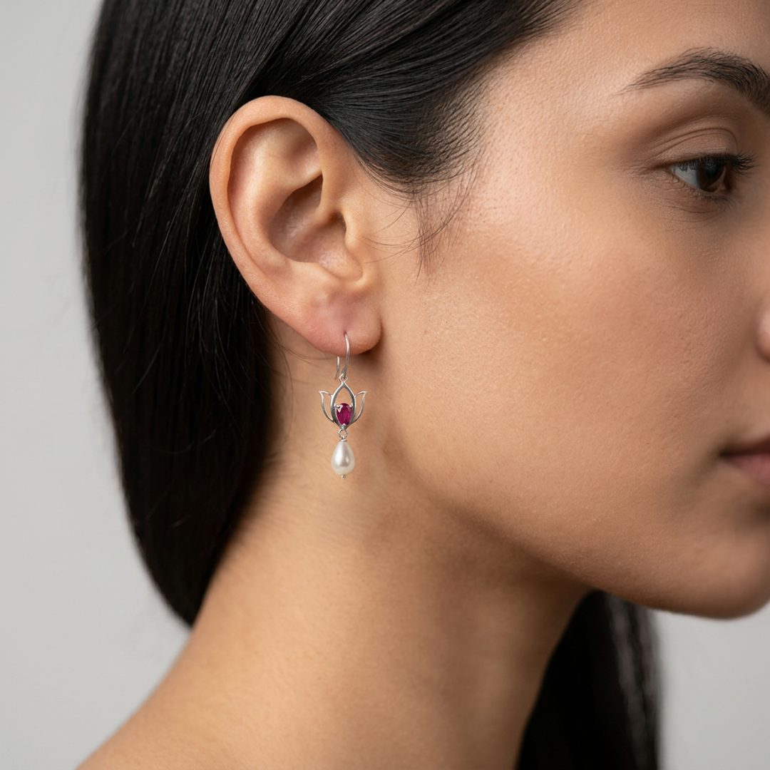 92.5 Silver Lotus Crimson Drop Earrings