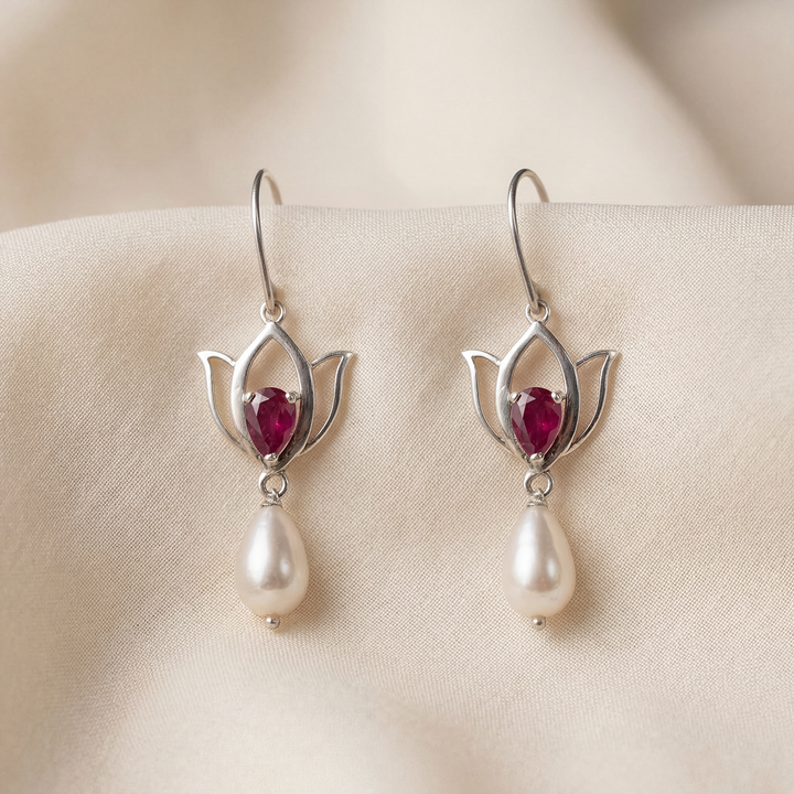 92.5 Silver Lotus Crimson Drop Earrings