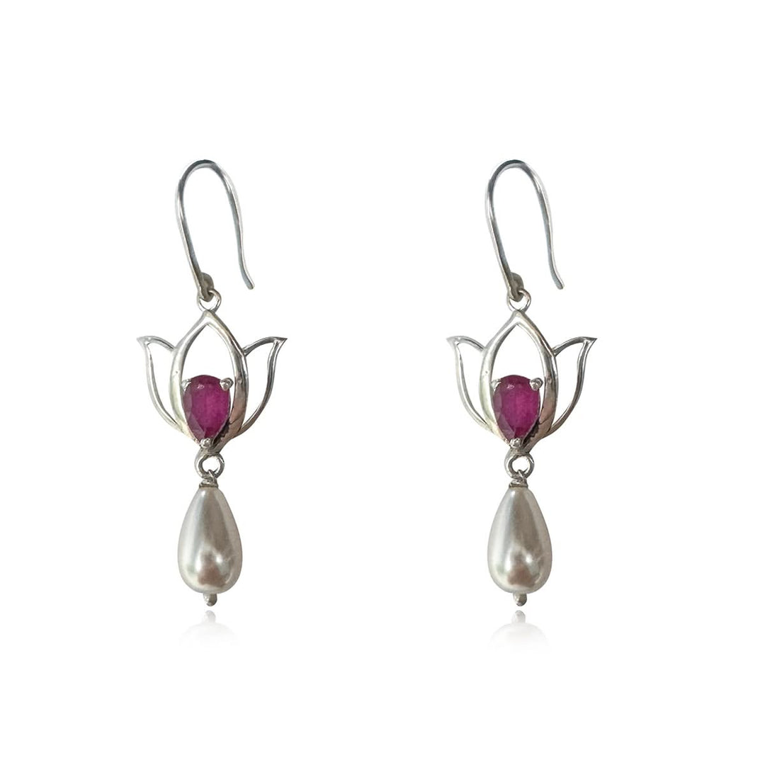 92.5 Silver Lotus Crimson Drop Earrings
