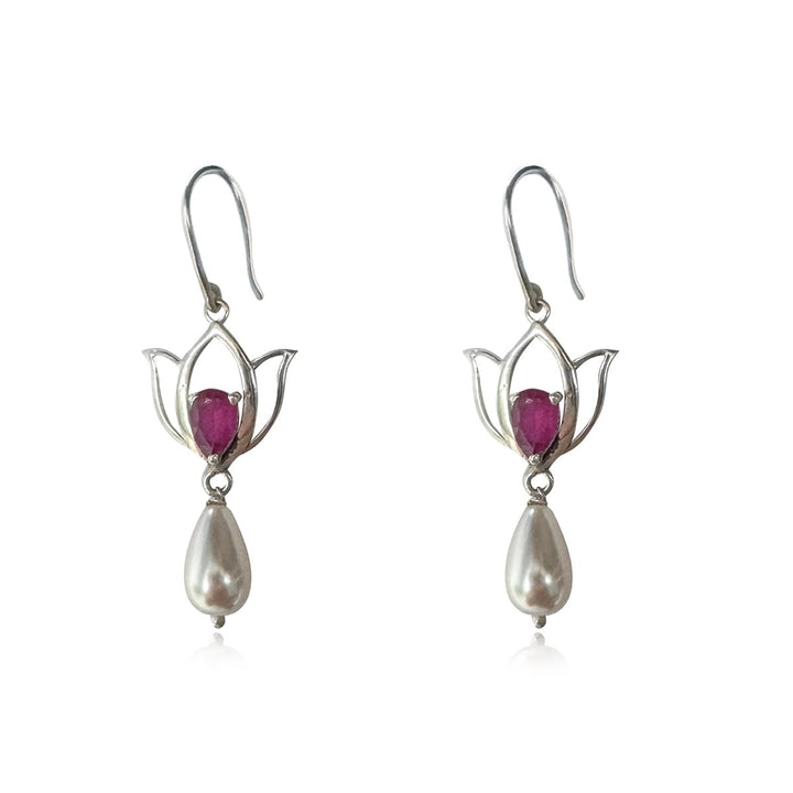92.5 Silver Lotus Crimson Drop Earrings