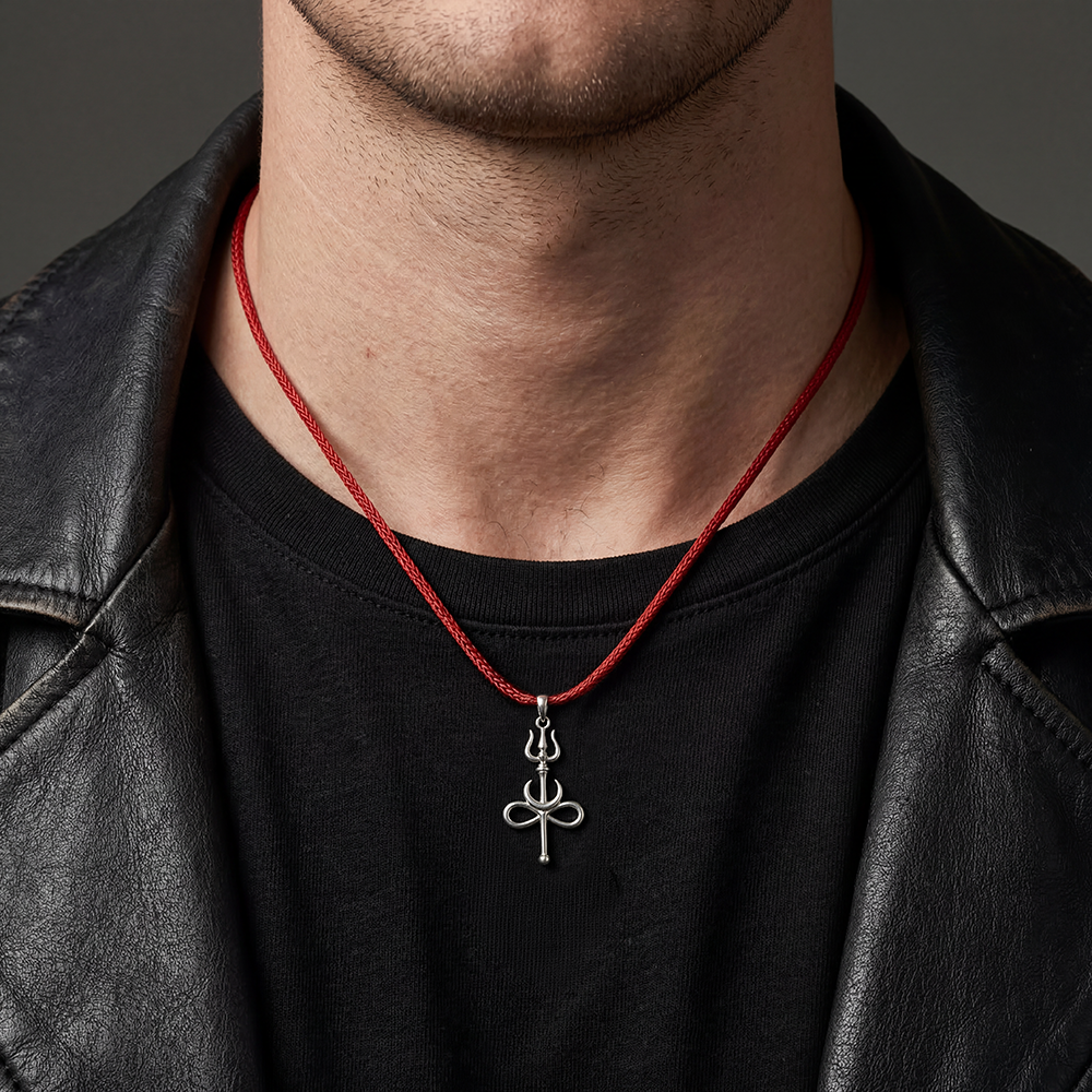 92.5 Silver Trishul with Chand Infinity Pendant