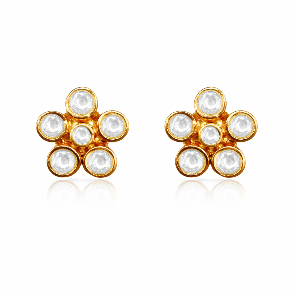 925 Pure Silver 24kt Gold Plated Kundan Floral Stud Earrings