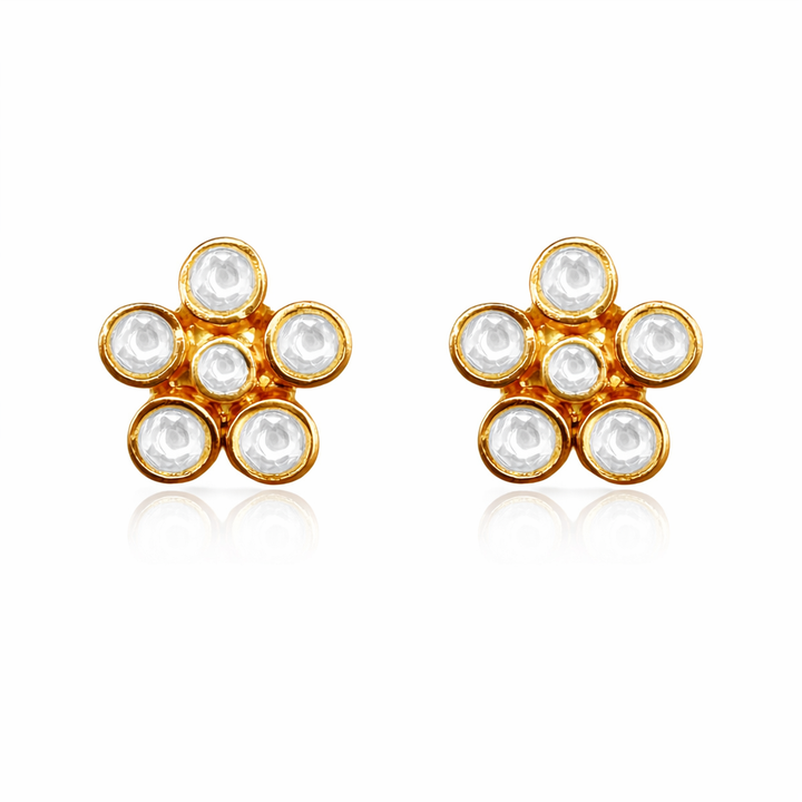 925 Pure Silver 24kt Gold Plated Kundan Floral Stud Earrings