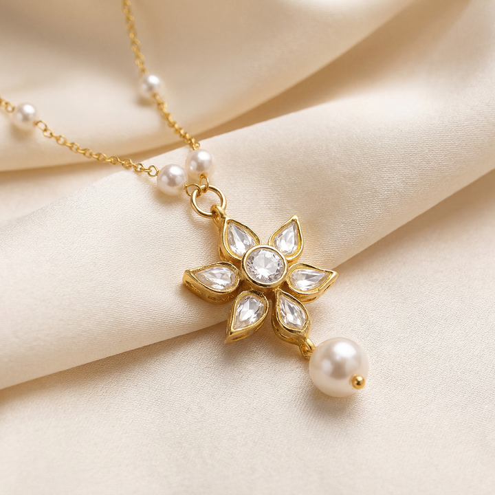 925 Pure Silver 24kt Gold Plated Kundan Flower Necklace with Pearl Drop