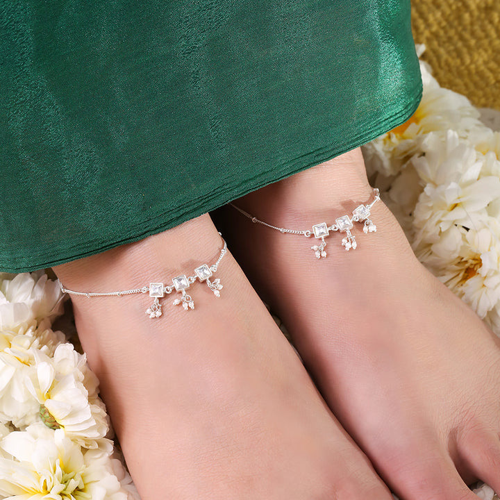 92.5 Sterling Silver White Stone Kundan anklet