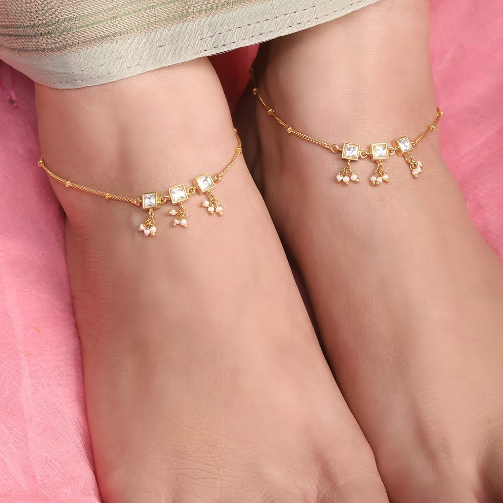 92.5 Sterling Silver White Stone Kundan anklet