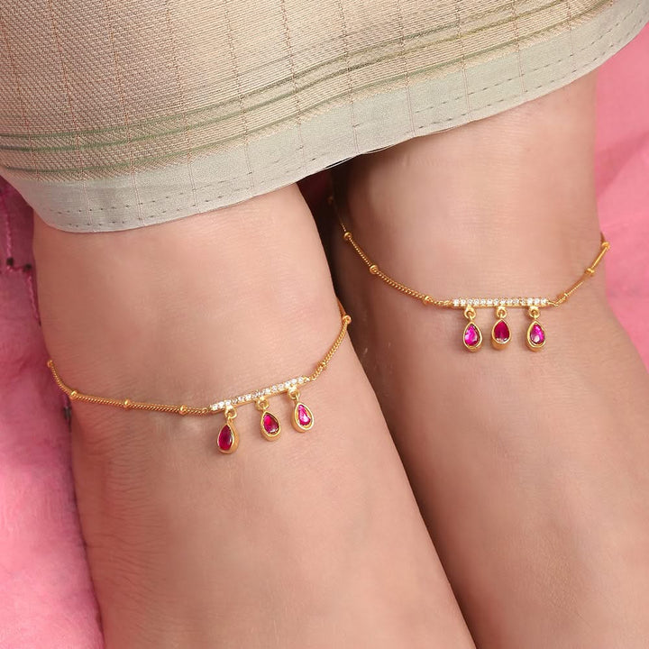 92.5 Sterling Silver Red kundan drops anklet