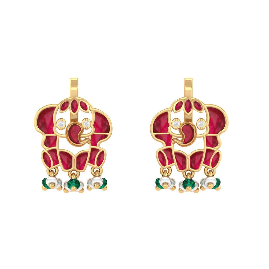 925 Pure Silver Red Kundan Elephant Earrings