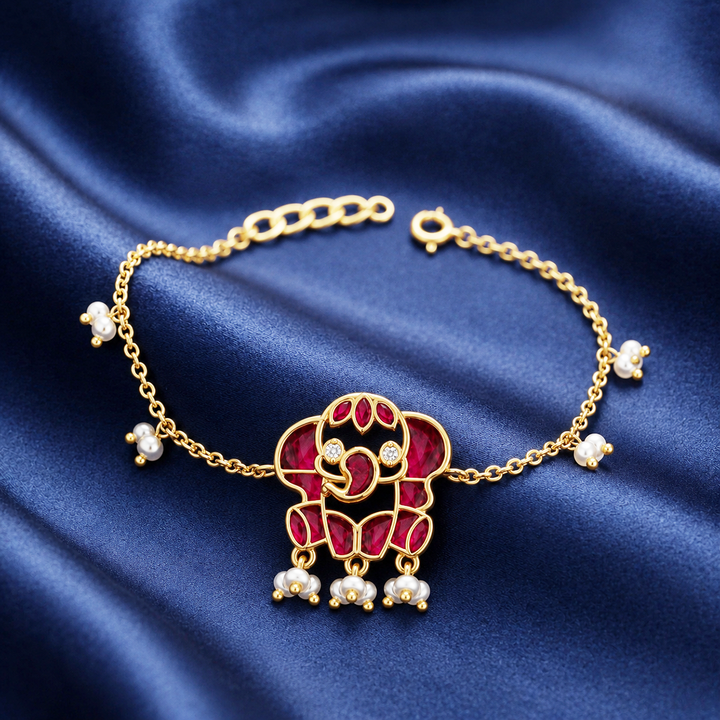925 Pure Silver Red Kundan Elephant Bracelet
