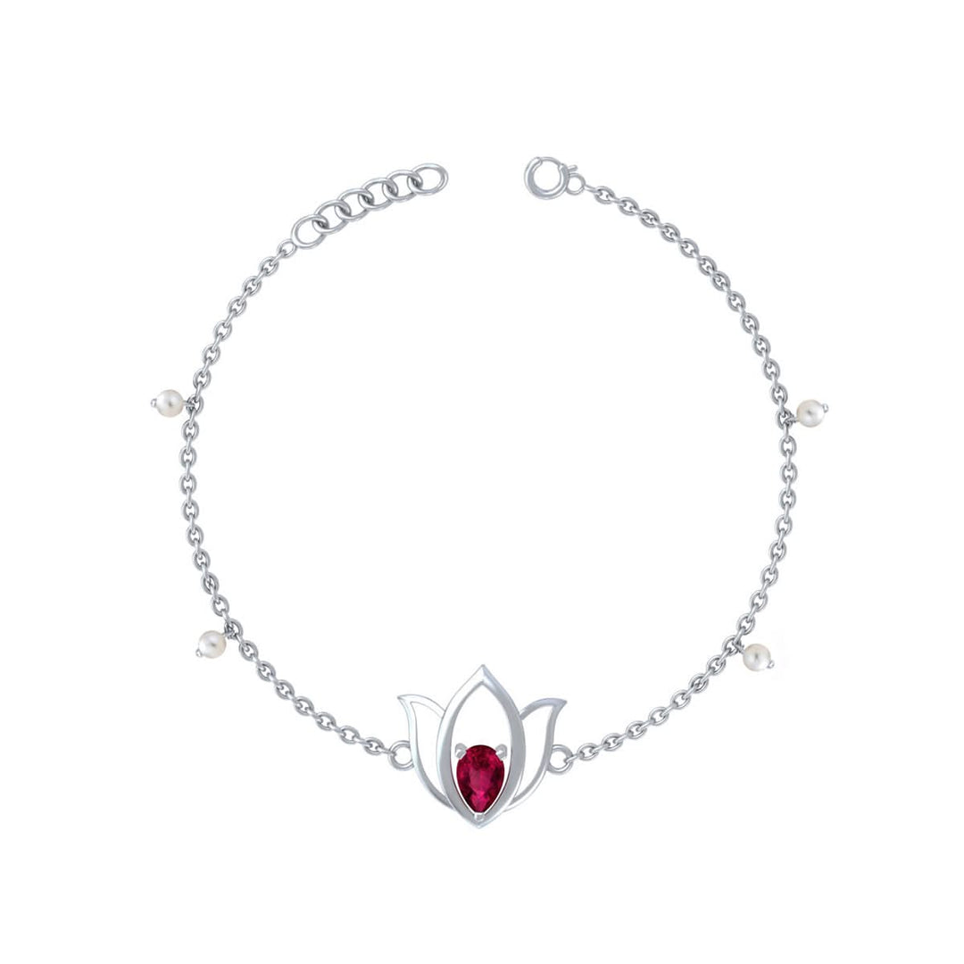 Unniyarcha 925 Pure Silver Lotus Bracelet with Ruby Red Stone & Pearl — Adjustable