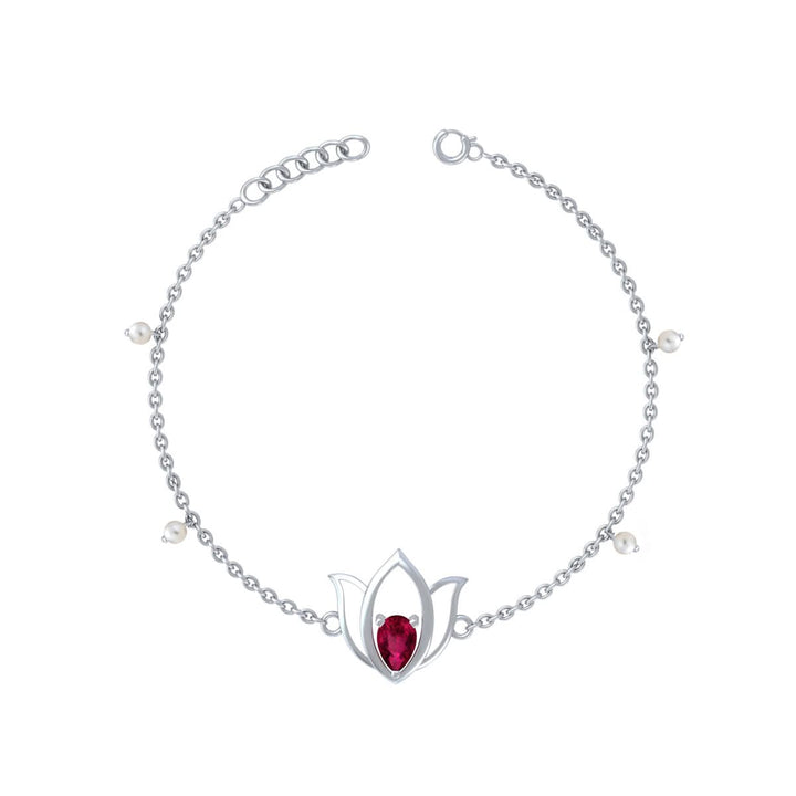 Unniyarcha 925 Pure Silver Lotus Bracelet with Ruby Red Stone & Pearl — Adjustable