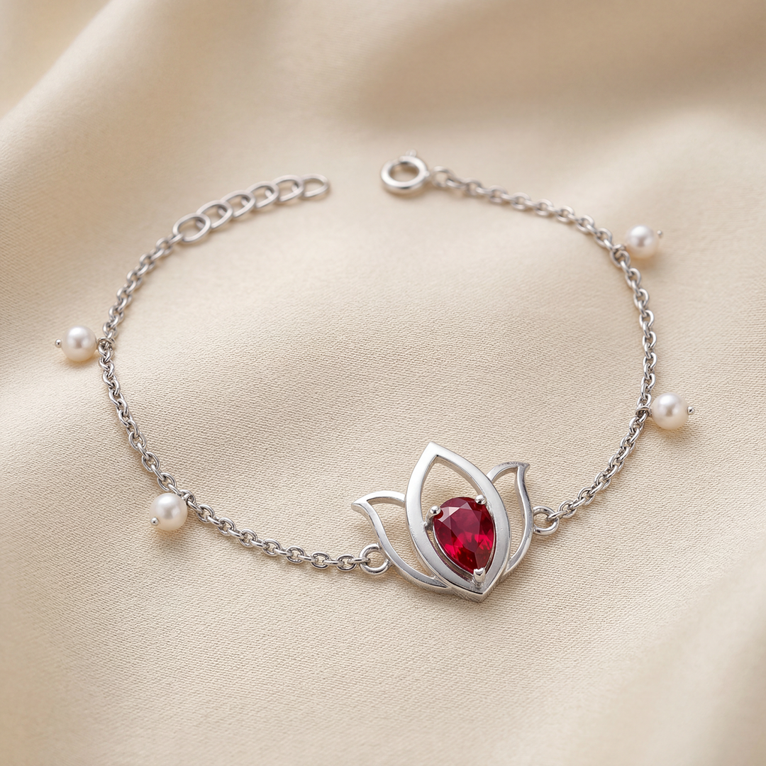 Unniyarcha 925 Pure Silver Lotus Bracelet with Ruby Red Stone & Pearl — Adjustable