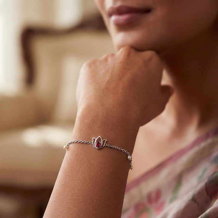 925 pure silver lotus bracelet | silver bracelet for women | ruby stone silver bracelet | hallmark silver bracelet India | adjustable silver bracelet | lotus design bracelet | pearl silver bracelet | silver bracelet online India | buy silver bracelet | 925 sterling silver bracelet | silver jewellery online | handcrafted silver bracelet | silver bracelet gift for her | Unniyarcha silver bracelet