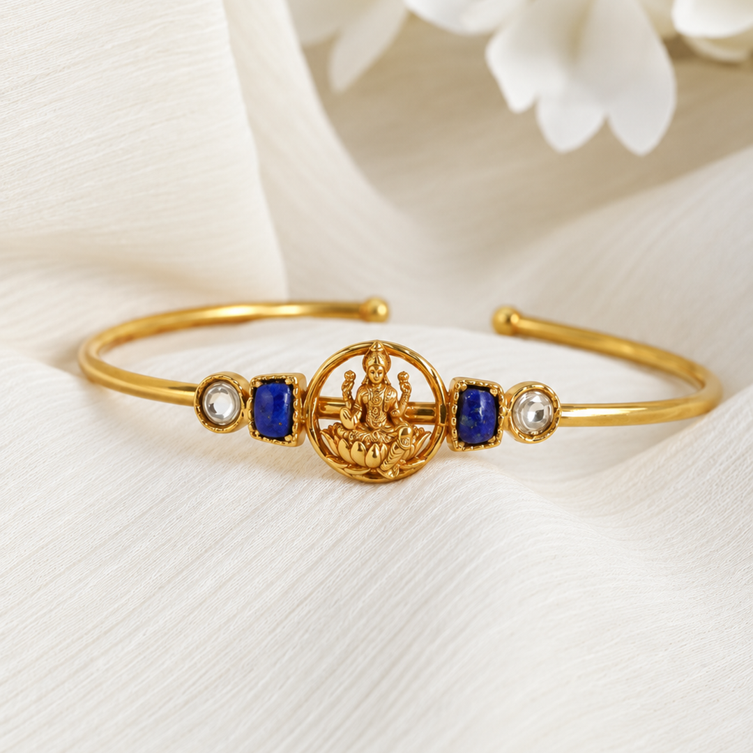 Silver 925 Dhan Lakshmi Lapis Kundan Cuff Bracelet