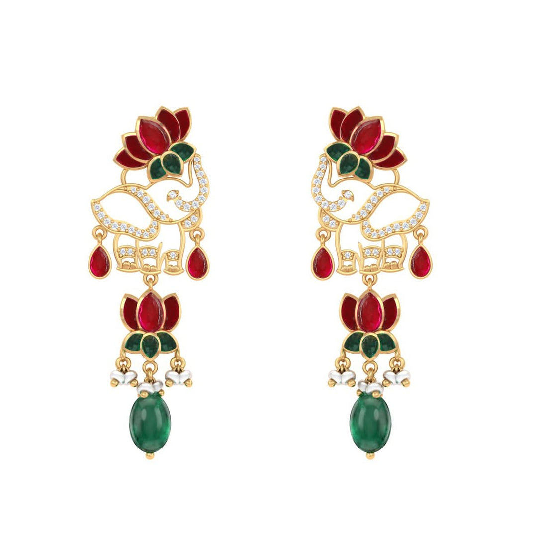 925 Pure Silver Red Lotus Kundan Elephant Earrings
