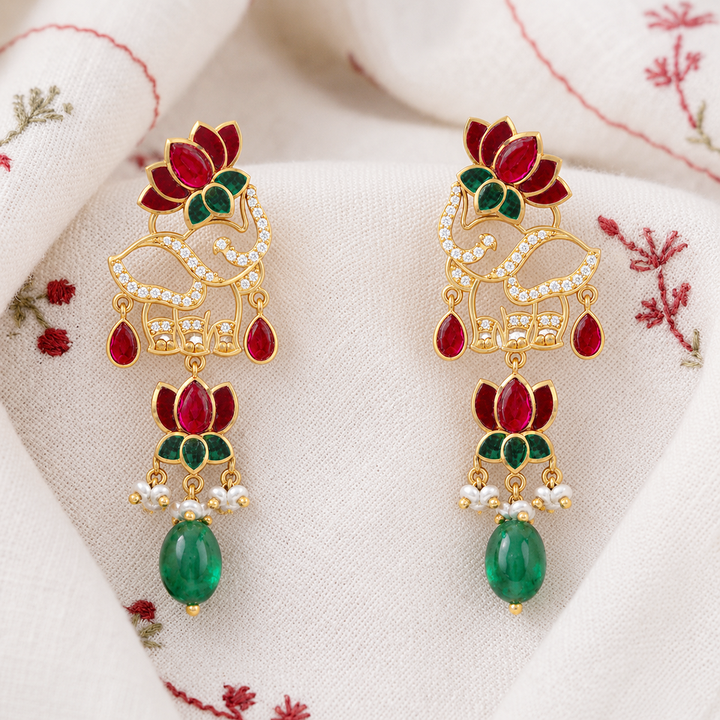925 Pure Silver Red Lotus Kundan Elephant Earrings