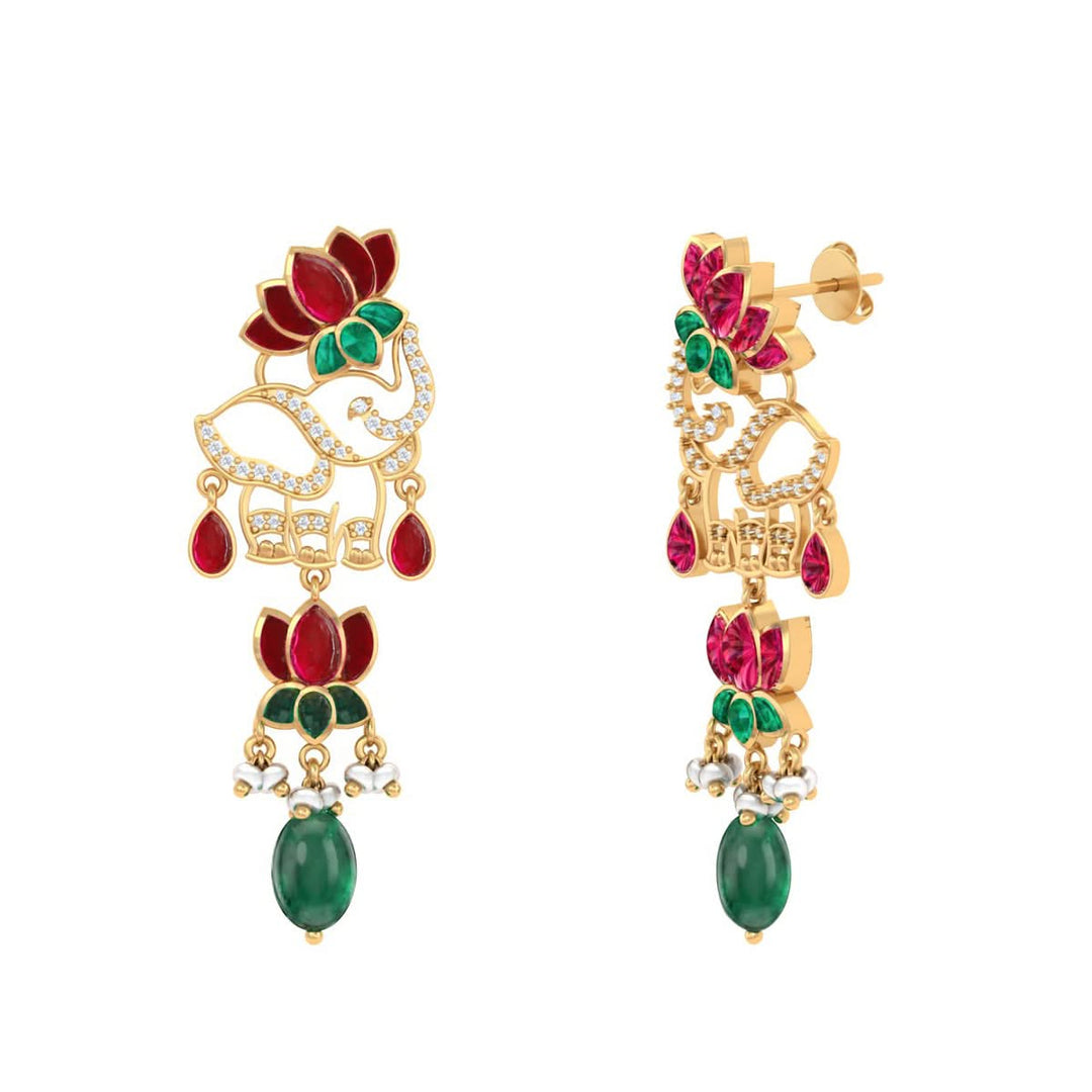 925 Pure Silver Red Lotus Kundan Elephant Earrings