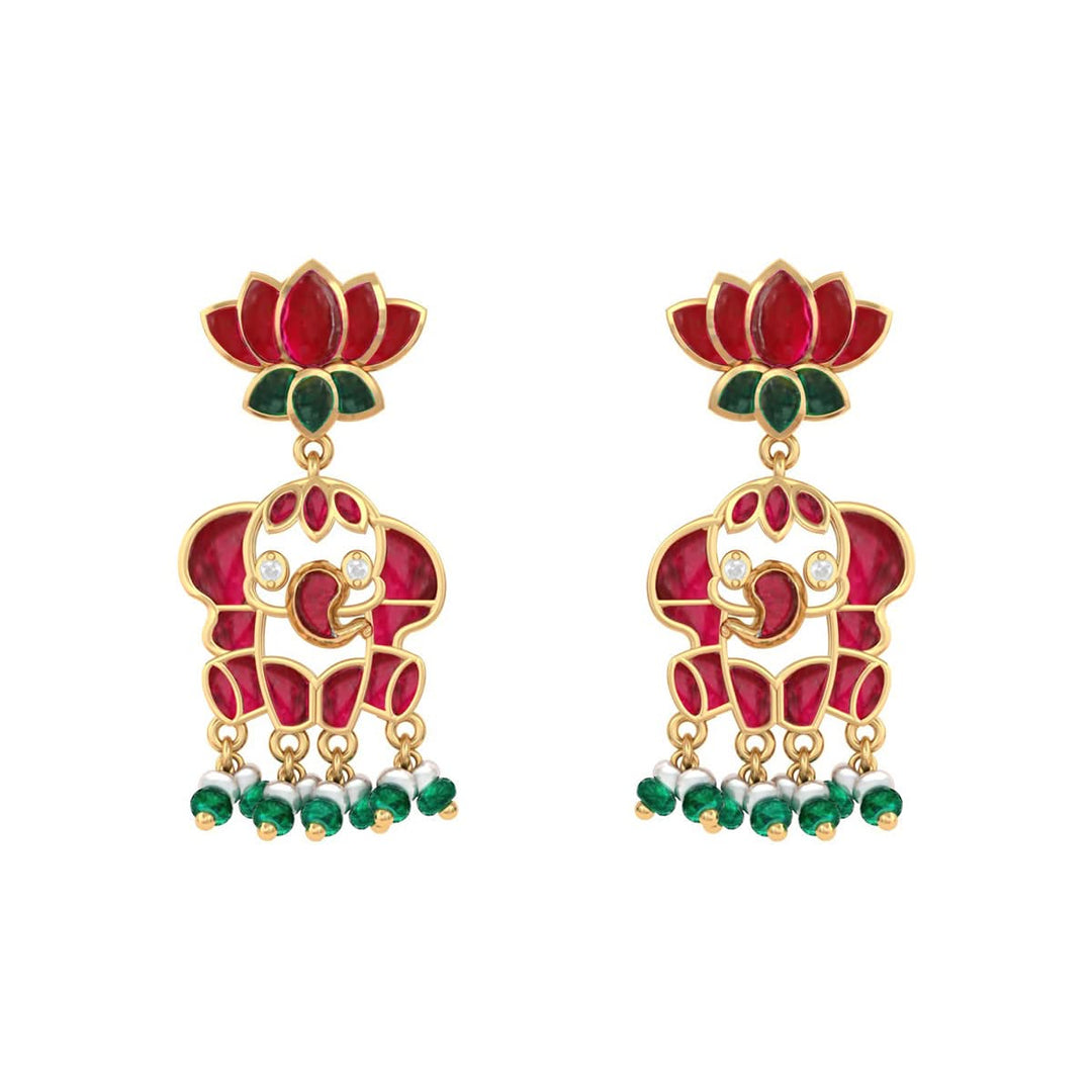 925 Pure Silver Red & Green Kundan Lotus Elephant Earrings