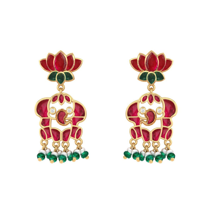 925 Pure Silver Red & Green Kundan Lotus Elephant Earrings