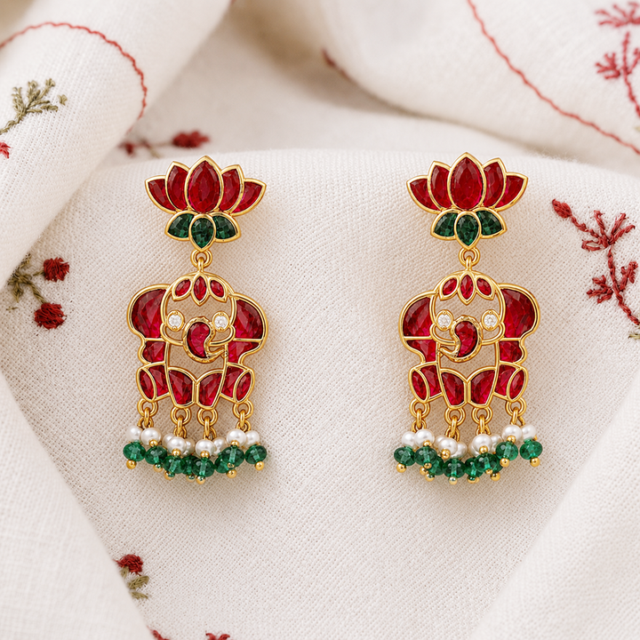 925 Pure Silver Red & Green Kundan Lotus Elephant Earrings