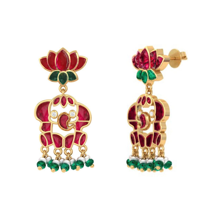 925 Pure Silver Red & Green Kundan Lotus Elephant Earrings