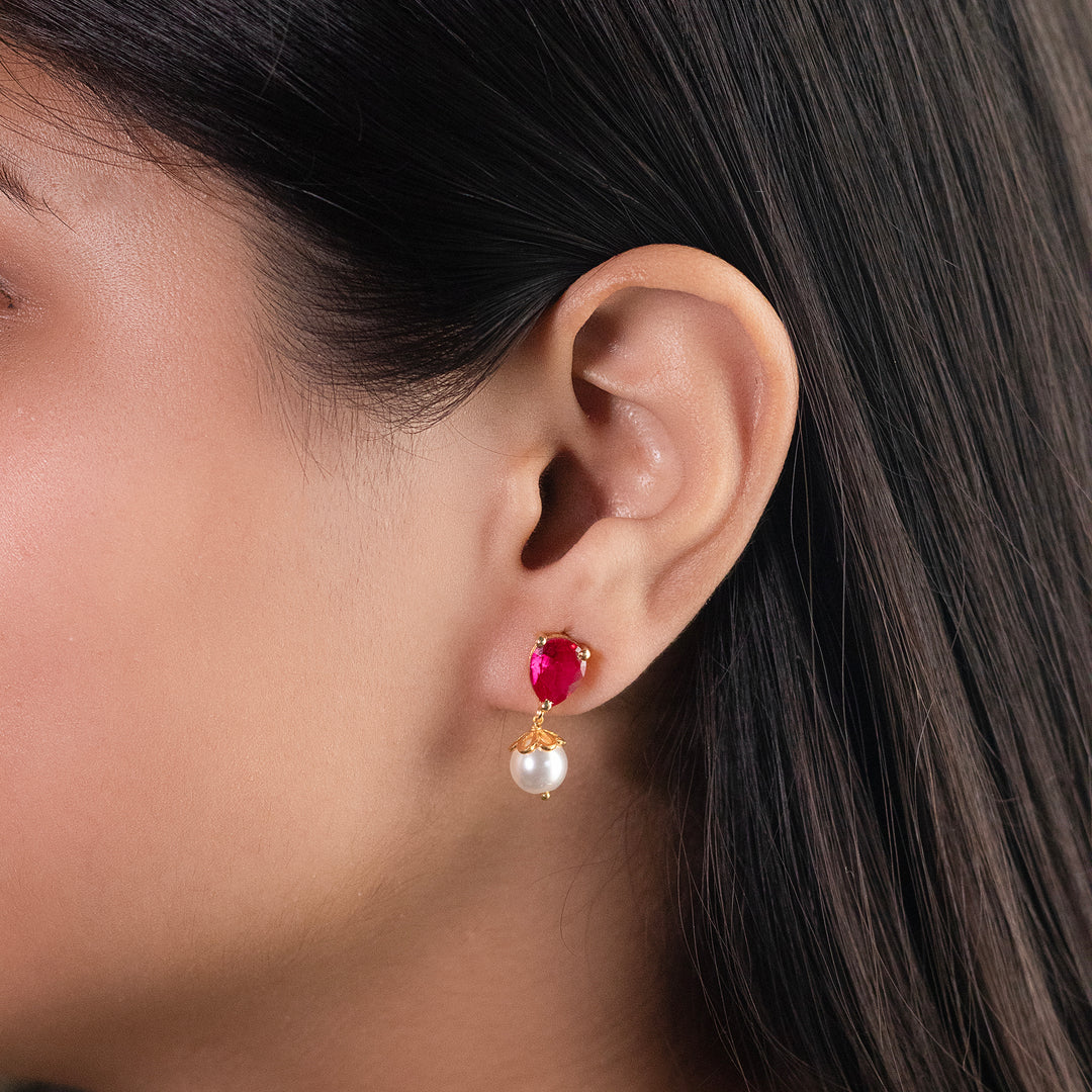 Unniyarcha 925 Pure Silver Red Drop Pearl Stud Earrings