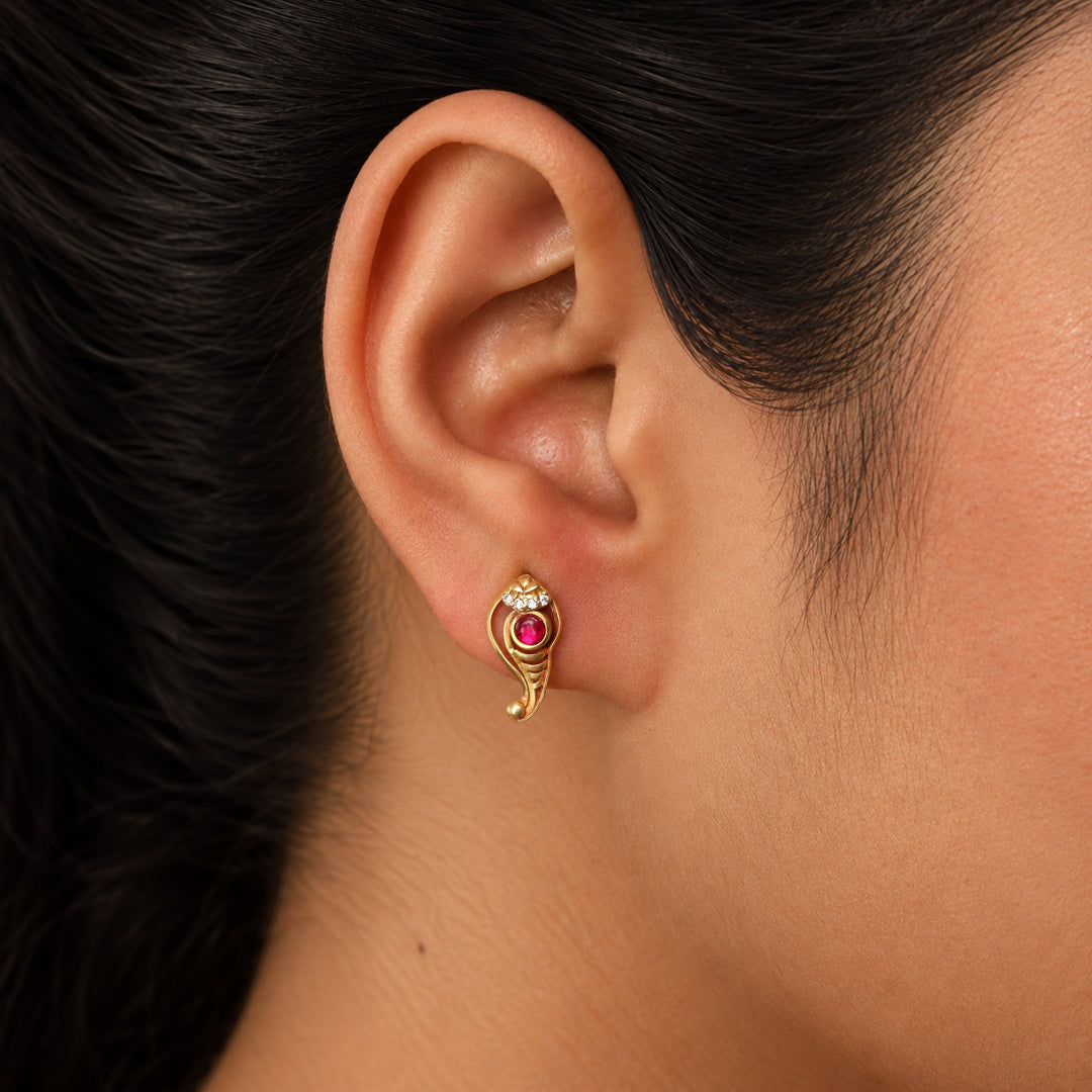 Silver Shankh Ruby Stud Earrings