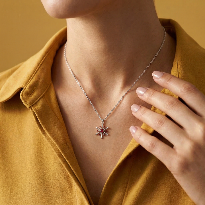 925 Pure Silver Red Zircon Snowflake Starburst Pendant Necklace