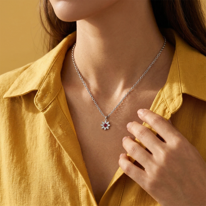 925 Pure Silver Sunflower Pendant Necklace with Red & White Zircon