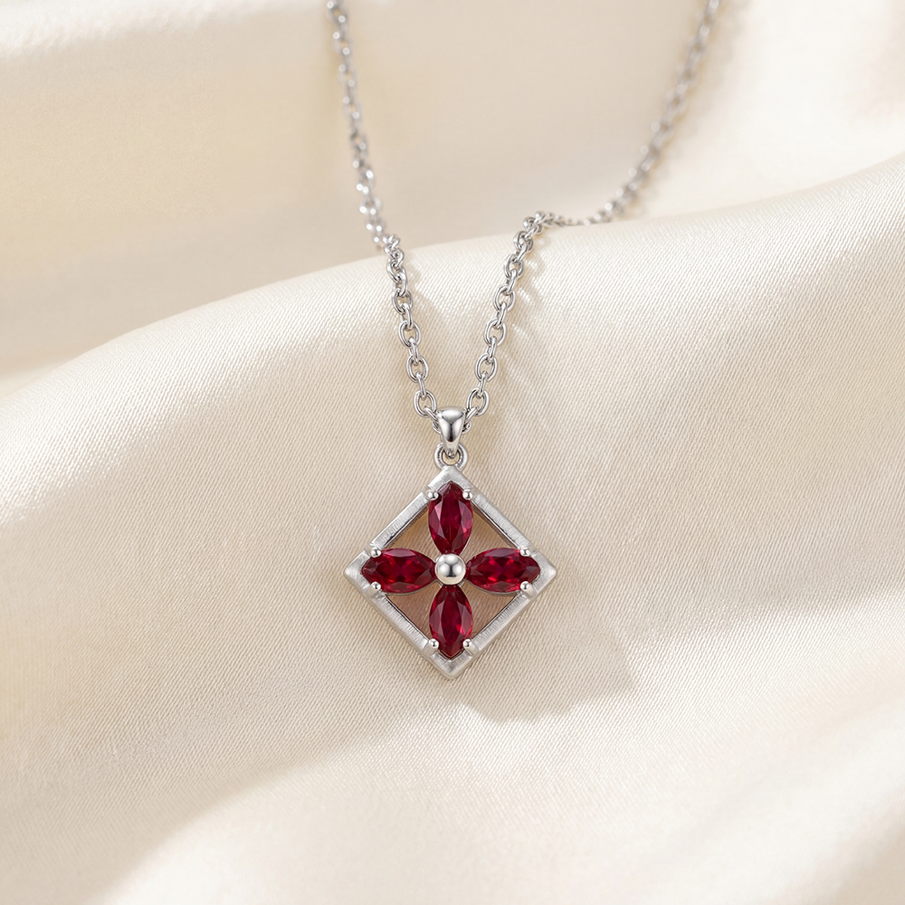 925 Pure Silver Square Floral Pendant Necklace with Red Zircon