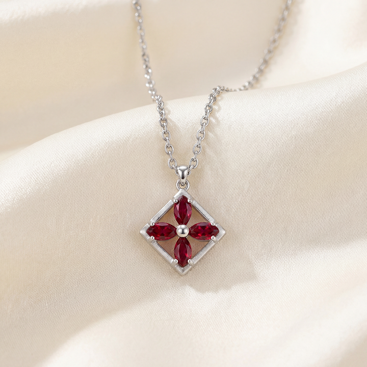 925 Pure Silver Square Floral Pendant Necklace with Red Zircon