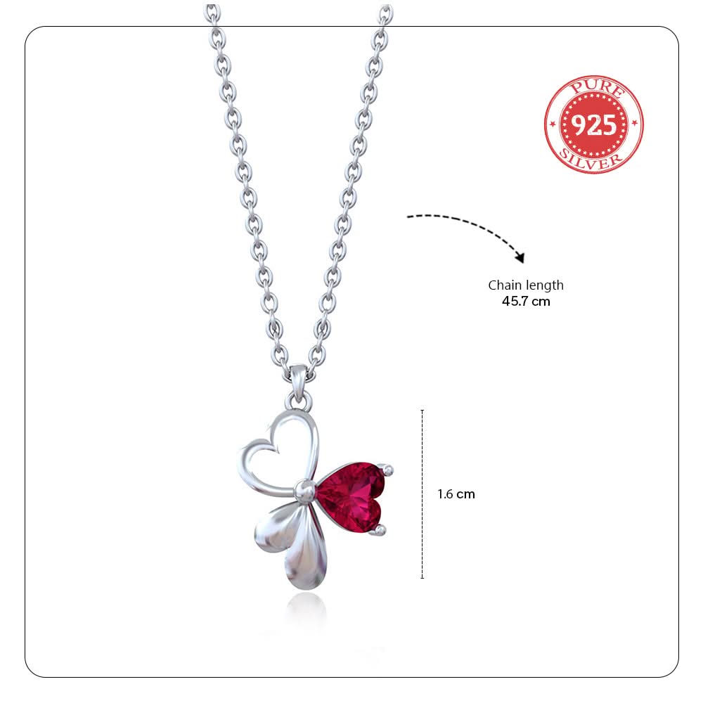 Silver Heart Petal Necklace with Ruby Red Stone
