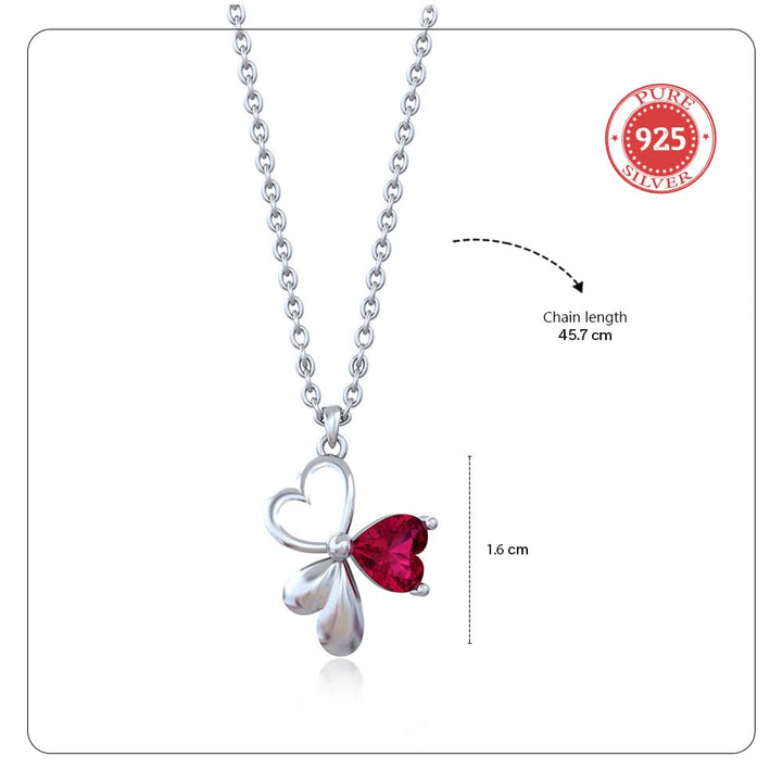 Silver Heart Petal Necklace with Ruby Red Stone