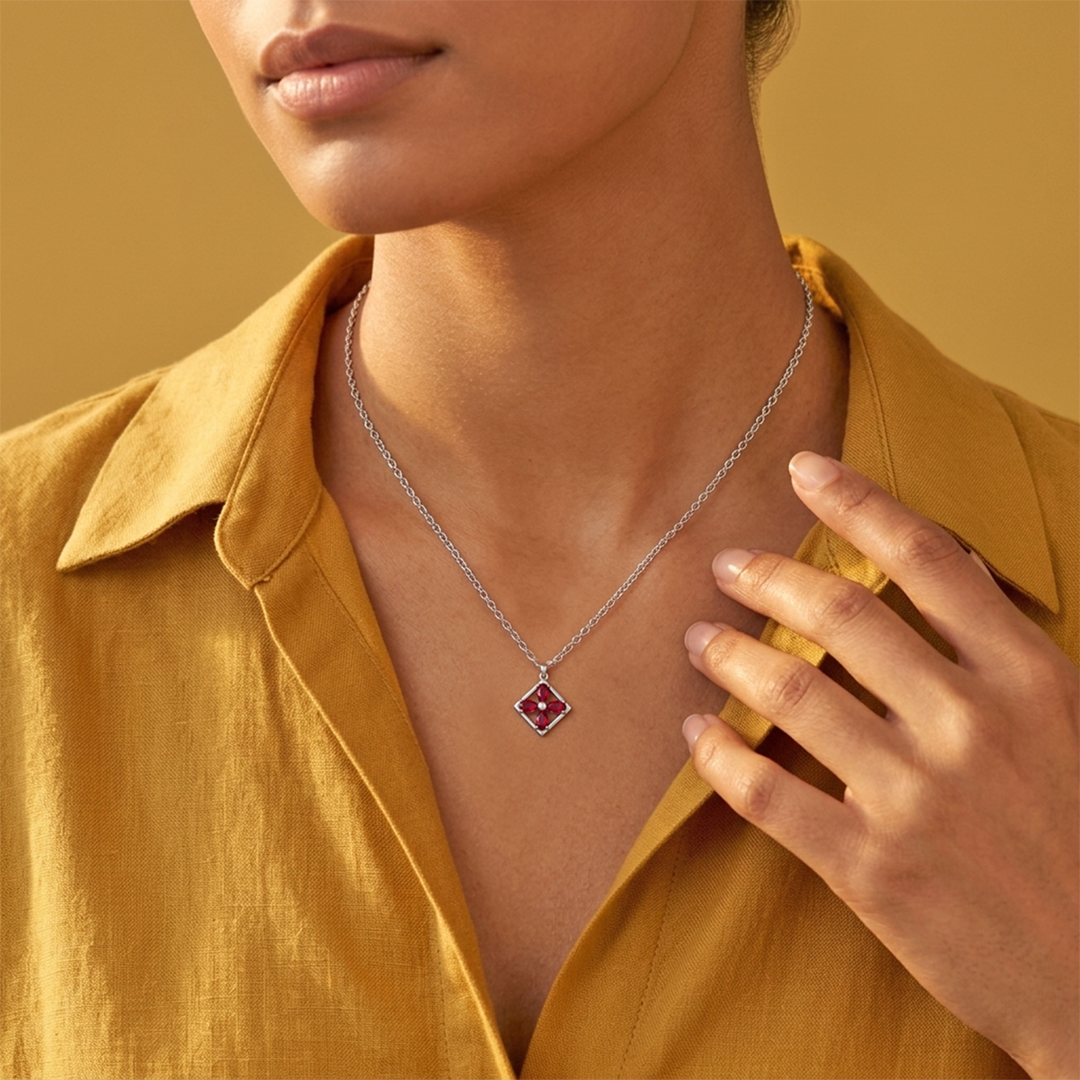 925 Pure Silver Square Floral Pendant Necklace with Red Zircon