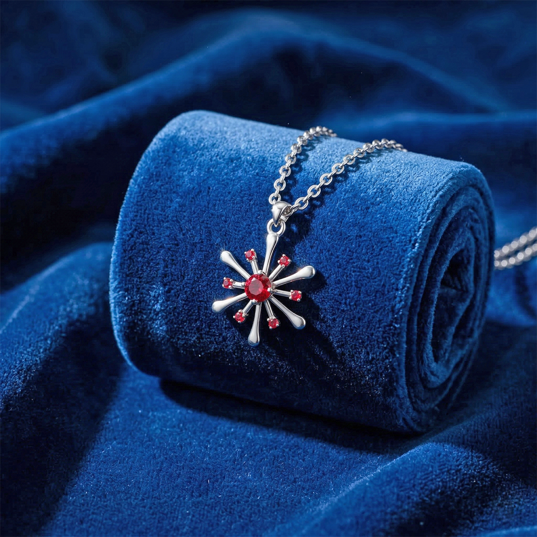925 Pure Silver Red Zircon Snowflake Starburst Pendant Necklace