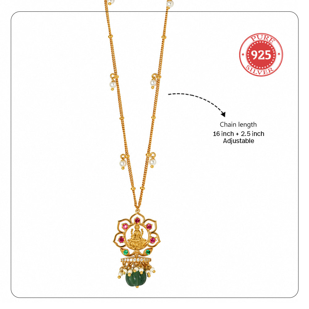 Silver 925 Dhan Lakshmi Lotus Green Drop Pendant Necklace