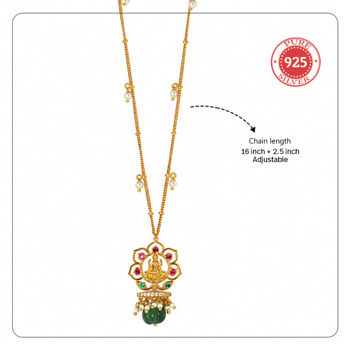 Silver 925 Dhan Lakshmi Lotus Green Drop Pendant Necklace
