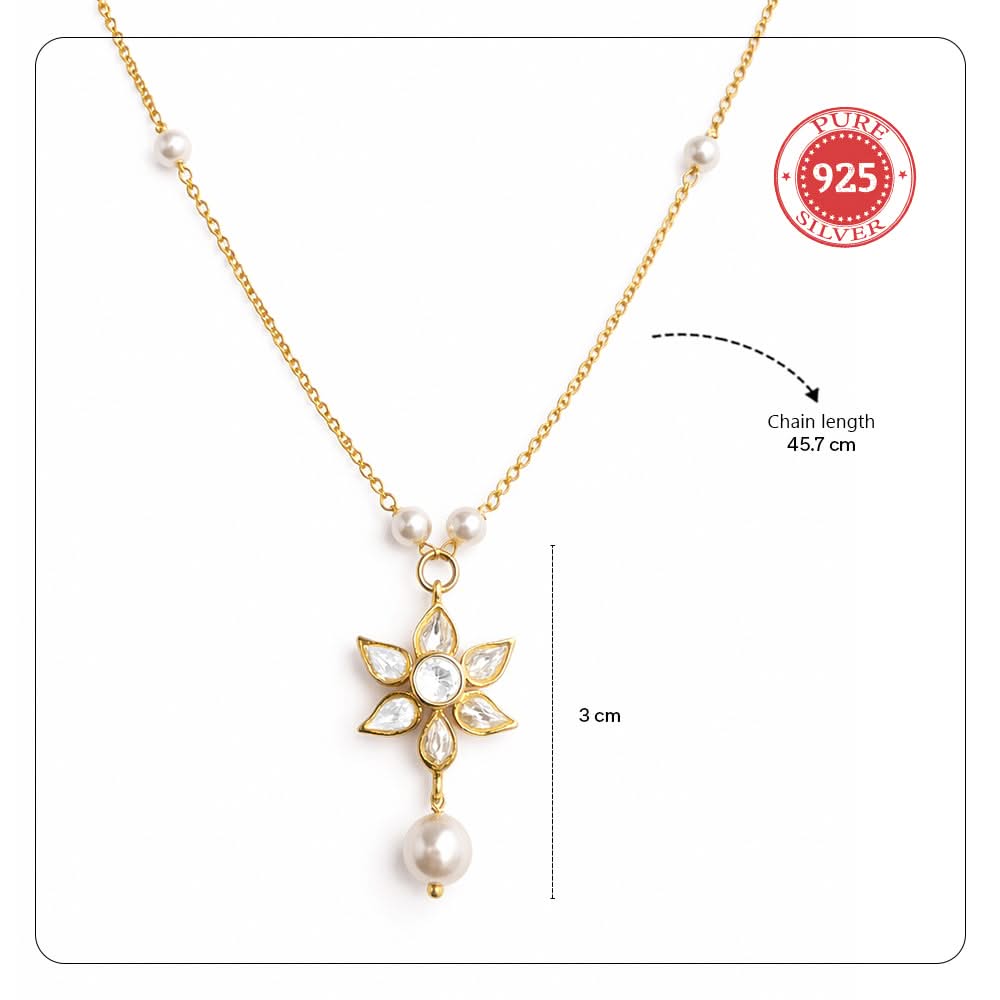 925 Pure Silver 24kt Gold Plated Kundan Flower Necklace with Pearl Drop