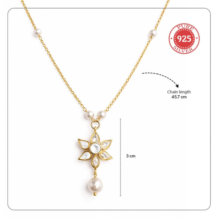925 Pure Silver 24kt Gold Plated Kundan Flower Necklace with Pearl Drop