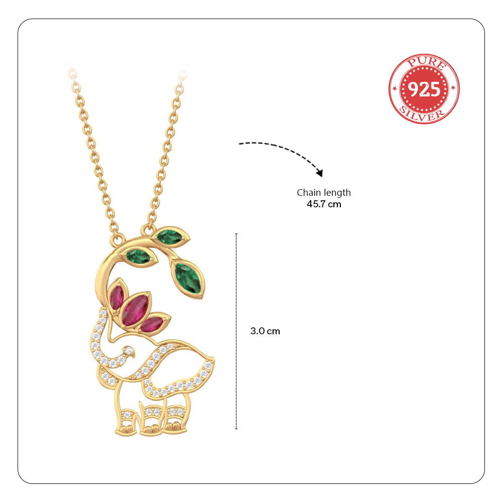 925 Pure Silver Red Lotus & Green Leaf Elephant Necklace