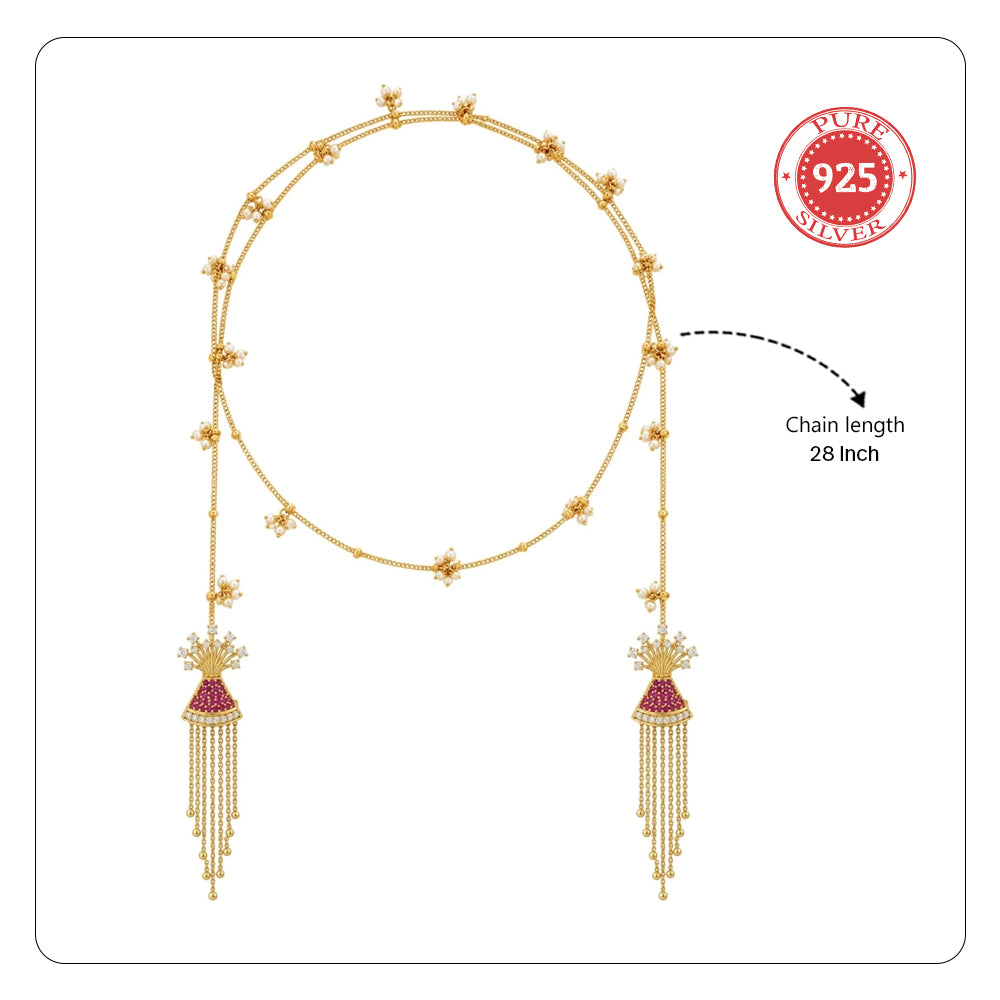 24kt Gold Plated 925 Pure Silver Patakha Anar Pearl Wrap Lariat Necklace